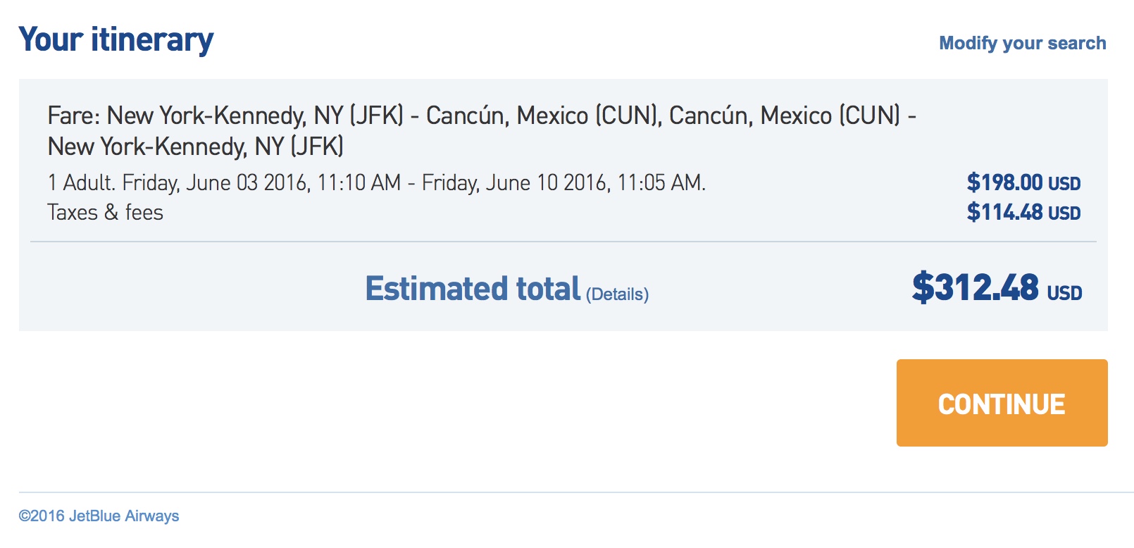 JFK to CUN for $315